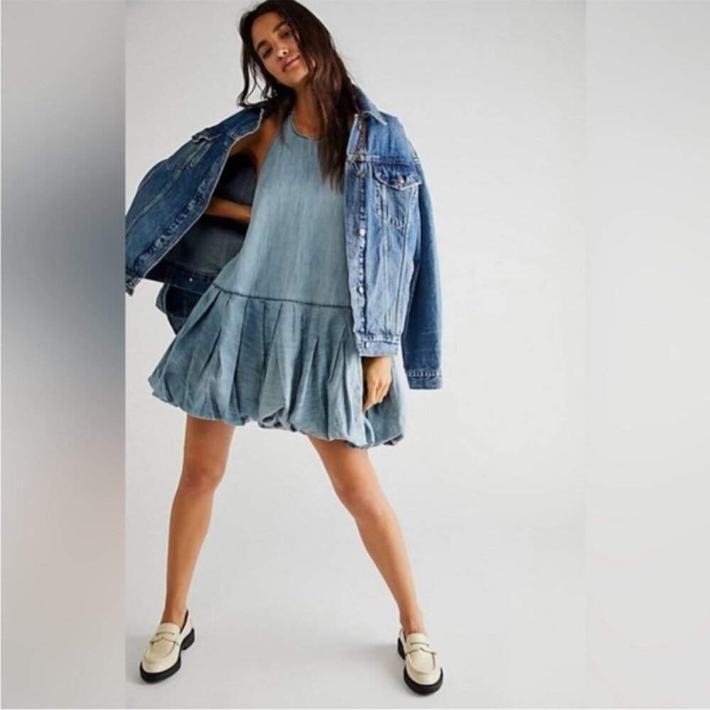 Free People Denim Bubble Mini Dress Halter Sleeveless Backless Small